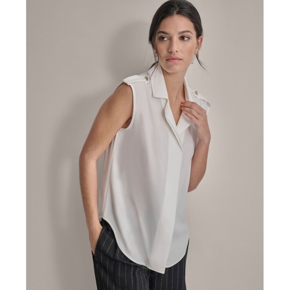 DKNY Women's Extended-Shoulder Camp Buttoned epaulets Blouse Top Ivory PXL